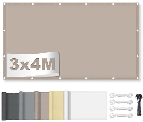 Sonnensegel Wasserdicht Rechteckig 3x4M, ohne Bohren,Sonnenschutz Terrasse UV-Schutz, wetterfest, 100% Polyester Schattierungsnetz mit Ösen und Seil für Pergola, Khaki