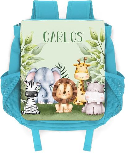 GRAVURZEILE Bedruckter Kinder-Rucksack - Tiergruppe Safari - Personalisiert mit Namen - Geschenk für Kleinkinder zum Kindergartenstart - Leichte Kita-Tasche für Jungen & Mädchen - Farbe: Hellblau