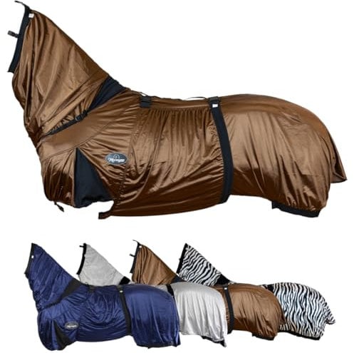 Marengos - Ekzemerdecke mit Halsteil & Bauchlatz – Fliegendecke aus feinmaschigem Gewebe – Schutz v. Insekten – doppelter Frontverschluss & Gehfalte – Pferdedecke in Braun – 135cm