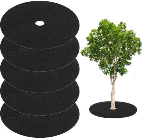 PAIKIUU 5er Pack Baum Mulch Ring 42cm / 16,5 Zoll Vlies Runde Baum Mulch Matte Schutz Garten Baum Pflanzen Abdeckmatte Kreis Unkraut Barriere für Unkrautbekämpfung Wurzelschutz