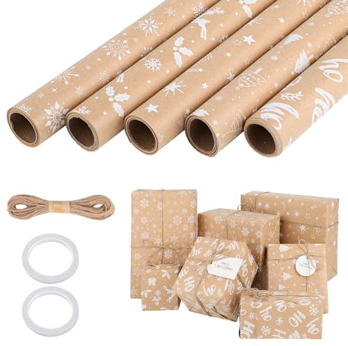 woric 5 Rollen Geschenkpapier Set, 3mx43cm Geschenkpapier Geburtstag Geschenkpapierrolle mit Hanfseil Kraftpapier Rolle für Geburtstag Hochzeit Muttertag (Weißbraun)