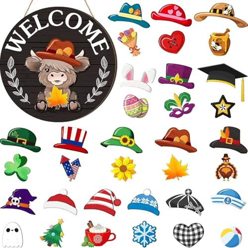 Halloween Deko Wichtel Austauschbares Willkommensschild, 30 Stück Saisonales Holz Willkommen Schild mit Magnetstücken und Abnehmbaren Hüten Halloween Dekoration Wichtel Schild für Haustür Veranda (A)