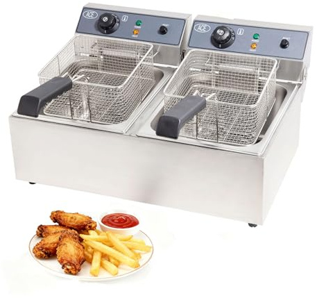 HAKKA 20L Electric Deep Fat Fryer, Commercial Deep Fryer Stainless Steel Double Tank Countertop Fryer with 2 Chip Baskets &Lids, Adjustable Temperature Control (240V 3+3KW)