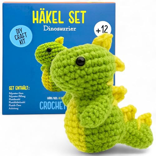 MIJOMA Häkelset Tiere für Anfänger & Fortgeschrittene – DIY Amigurumi Häkel Kit mit Anleitung, Wolle, Nadeln & Zubehör – Häkelpaket Kinder & Erwachsene (Dinosaurier (9x5,5x8cm))