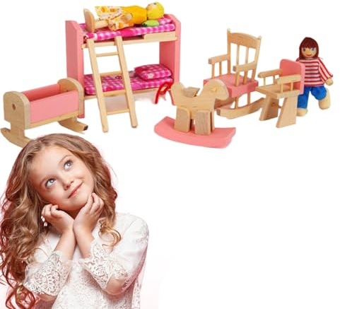 Puppenhaus-Möbelset aus Holz im Maßstab 1:12. Das Puppenhaus-Möbelset aus Holz umfasst ein Etagenbett mit Leiter, einen Schaukelstuhl und ein Pferd, einen Hochstuhl und eine Stube zum Selbermachen