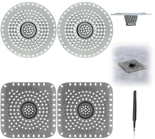 Hexizexi 4 Stück Abflusssieb Silikon Silikon Haarsieb Dusche mit Saugnapf | Universal Haarfänger Dusche Grau Spülbecken Sieb mit Pinzette für Küche Badewanne Verstopfungsschutz gegen Haare Gerüche