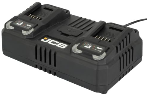 JCB Pro 18 V Dual Port 2 × 4,5 A Schnellladegerät mit zusätzlichen USB- und USB-C-Anschlüssen – Kompatibel mit JCB schnurlosen & professionellen Werkzeugen – 2 Jahre Garantie