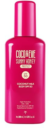 Coco & Eve Coconut Milk Body Sunscreen SPF 50 – Broad Spectrum UVA/UVB Sun Protection, Hydrating Daily Water-Based Lotion, Lightweight, Non-Greasy, Dermatologically Tested, 6.76 Fl Oz