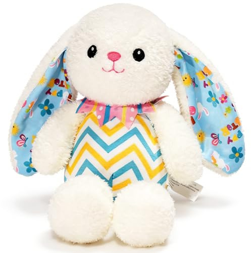 KMFASVX Ostern Hase Kuscheltier 30cm - Weiches Plüschtier Kaninchen mit Bunten Ohren & Ostern Motiven Kuschelfreund für Kinder & Perfektes Ostergeschenk