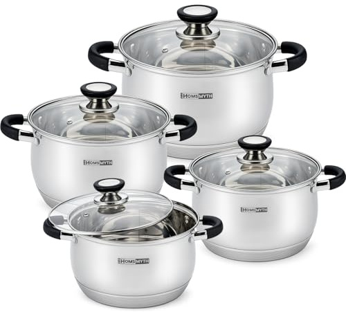 HOMSMYTH Stainless Steel Stock Pot Set with Lids – 8 Pieces Induction Cooking Pot Set 2.1L, 2.9L, 3.9L, 4.9L – Glass Lid, Heavy Duty Casserole Pots, Suitable for Induction, Gas & Electric Hobs