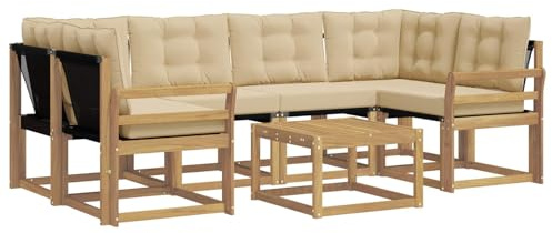 vidaXL Outdoor-Sofagarnitur mit Kissen 7 pcs Weiß und Beige, Moderne Garten-Sofa-Garnitur, Robustes Akazienholz, Bequeme Terrasse, stilvolle Couch zum Entspannen