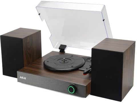 AKAI ATT-200SP Vinyl Plattenspieler mit Lautsprechern, Bluetooth 5.4 In & Out, 3 Geschwindigkeiten 33/45/78 U/min, 2 x 10 W RMS, Auto-Stop, Riemenantrieb, Staubschutzhaube, Holzoptik