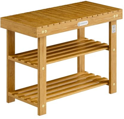 Casaria® Schuhregal mit Sitzfläche Holz Massiv 160kg Belastbarkeit FSC®-Zertifiziert Akazie 3 Ebenen Flur Bad Schuhbank Sitzbank Schuhschrank Braun