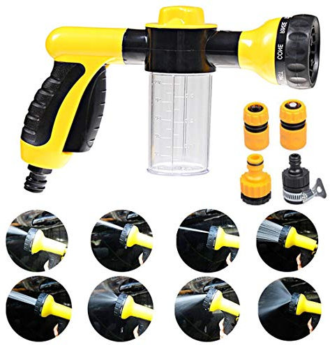 Garden Foam Water Sprayer, 8 Adjustable Patterns Heavy Duty Hose Nozzle Sprayer Gun, Comfort Rubber Grip High Pressure Flow Control Gardening Tool, for Watering Lawn Car Washing Pet Showering (yellow)