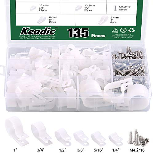 Keadic 135 Pack White R-Type Cable Clamps with Stainless Steel Screws, 6 Sizes Nylon Cord Fastener Clips, Insulated Wire Organiser Clips for Home & Office Cable Management