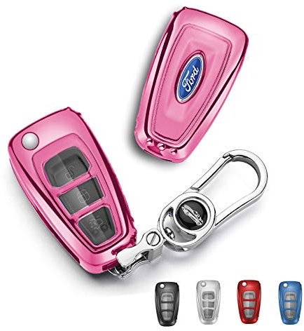 Car Key Protective Cover for Ford,TPU Car Key Case with Fob, fit to Ford Fiesta/Focus/Kuga/Mondeo etc- Pink