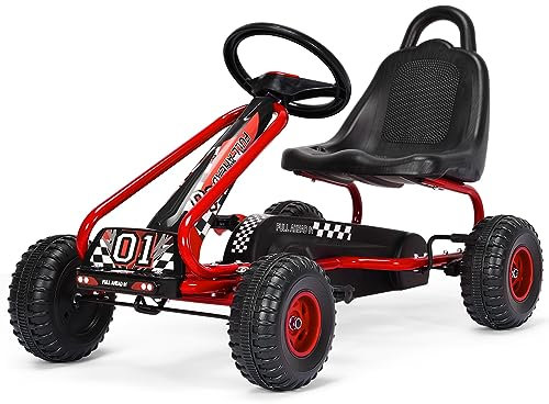 COSTWAY Go Kart a Pedali per Bambini, Go Kart Veicolo con Sedile Regolabile e Freno a Mano, per Bambini 3-6 Anni, Portata Massima 30 kg (Rosso)