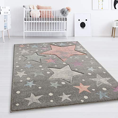 Taracarpet Kinderzimmer und Jugendzimmer Teppich Dreamland Kinderzimmerteppich Sterne grau Vintage bunt 120x170 cm