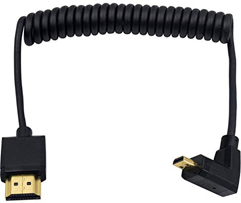 Duttek Cable micro HDMI a HDMI estándar, cable micro HDMI a HDMI en espiral, extremo delgado hacia abajo en ángulo de 90 grados Micro HDMI macho a HDMI macho en espiral para 1080P, 4K (1.2M/4FT)