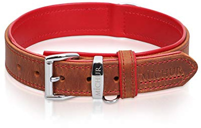 MICHUR Charly Hundehalsband Leder Braun Rot, Lederhalsband Hund, Halsband, Leder, in verschiedenen Größen erhältlich