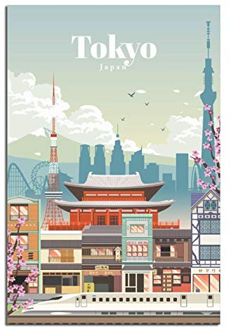 HKHK Visiting Tokyo Japan City Vintage Reise Poster Wanddekoration Poster Kunst Gemälde Poster Dekorative Leinwand Druck Poster 40 x 60 cm