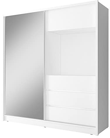 MOEBLO Kleiderschrank Schwebetürenschrank mit Spiegel 1-türig mit Spiegel Schrank mit Einlegeböden und Kleiderstange, Tv-Fach BxHxT 204x214x62 Cinema Spiegel 200 Weiß