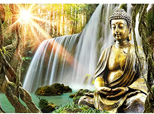 Runa Art Fototapete Buddha Wasserfall Modern Vlies Wohnzimmer Schlafzimmer - Made in Germany - 308 x 220 cm Grün Gelb 9290010a