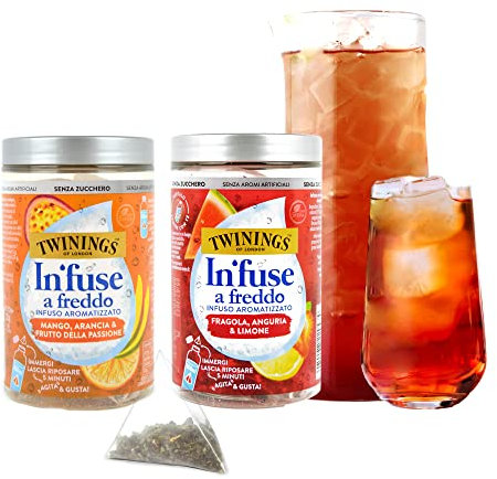 PZ 2 BARATTOLI DA 25 GR INFUSO Tè FREDDO ALLA FRAGOLA, ANGURIA E LIMONE ED INFUSO AL MANGO, ARANCIA E FRUTTO DELLA PASSIONE Tè FREDDO 1 FILTRO IN 500 ML DI ACQUA