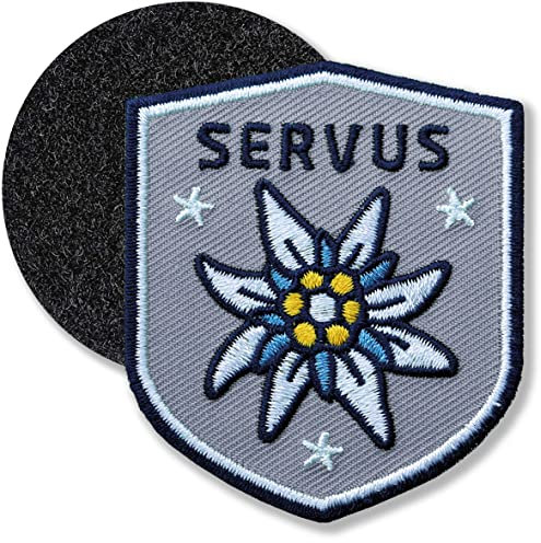 Klettpatch - Edelweiss Patch gestickt 51 x 60 mm/Klett-Patch Patches Abzeichen Stickerei mit Klett für Kleidung Rucksack Tasche/Tracht Loden Lederhose Dirndl Janker Filzhut/Club of Heroes (Grau)