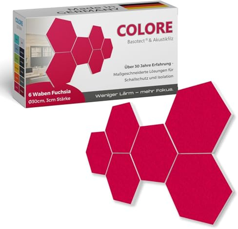 platino24 Akustikpaneele 6 Elemente Colore Waben Ø 30 cm Fuchsia I Schallabsorber aus Basotect G+ mit Akustikfilz I Schalldämmung Wand & Decke I Akustikelemente Wandpaneel