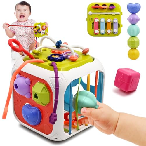 Jouet Bebe 1 2 An, 7 in 1 Montessori Sensoriel Jouets pour Bebe 6 9 12 18 Mois Naissance Fille Garcon, Cadeau Educatif Motricité Cube d'activité Jeux pour Enfants 1 2 Ans Anniversaire Noël Cadeau