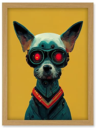 Doppelganger33 LTD Cyborg Chihuahua Dog With Infrared Goggles In Mustard Red Background Artwork Framed Wall Art Print A4