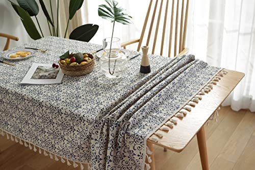 iyoimono Tischdecke Quaste Tischdecke Rechteckige Abwaschbar Baumwolle Leinen Tischtuch für Küche Esszimmer Picknick Tischdekoration Tischdecke Rechteck Couchtisch(140x240,Blau und weiß Seladon)
