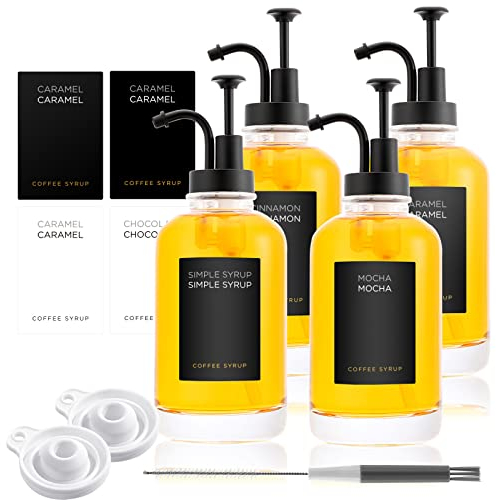 Joyfulmap 4-in-1 Coffee Syrup Dispenser - Black Glass Bottles for Maple/Coffee Syrups, 16.9 oz (Black)