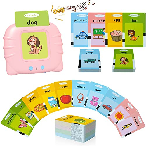 GUYUCOM Talking Flash Cards for 2,3,4 Years Old Kids, Speech Therapy Toys for Children, Autism Sensory Toddler Gifts with 112 Talking Flash Cards (Pink)