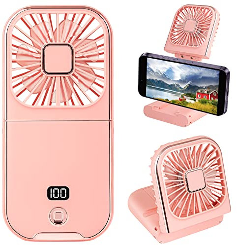 Folding Handheld Fan, Mini Portable Personal Fan USB Rechargeable Power Bank Fan Neck Fan, Battery Powered 180° Foldable Desk Fan Cooling for Desktop School Office Home Travel Camping (Pink)