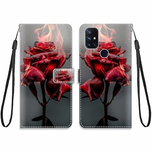 KARTXITAI Hülle Kompatibel mit OnePlus N10,Leder Handyhülle mit Kartenfach Geld Slot Ständer PU Ledertasche Wallet Flip Magnetische Muster Schutzhülle-Rote Rosen,Feuer