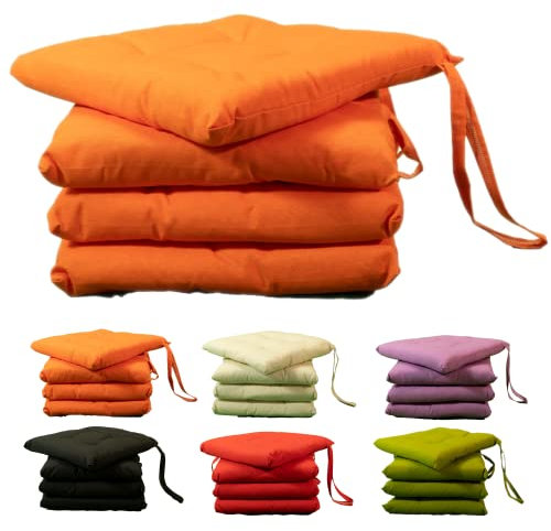 Tomaino Juego de 4 cojines para sillas de cocina, color liso con lazos, fundas muy suaves para interior y exterior, 40 x 40 cm, naranja