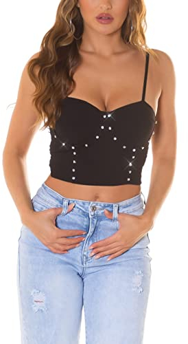 Cropped Bustier Träger Top mit Deko Strass Nieten One Size (Einheitsgröße)