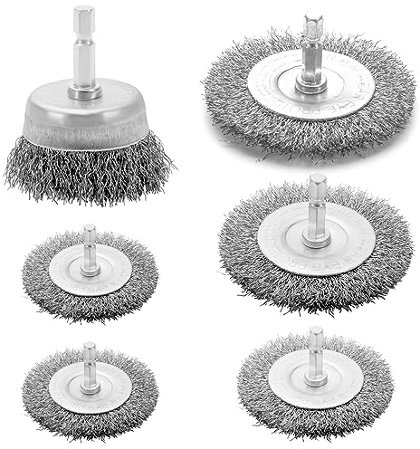 VIDICA Drahtbürste für Bohrer-Set, 6-teilig, Drahtrad für Bohrer mit 1/4-Zoll-Sechskantschaft, Bohrdrahtbürsten-Set mit 0,012 Zoll grob gecrimpten Kohlenstoffstahldrähten zum Entfernen von Rost, Farbe