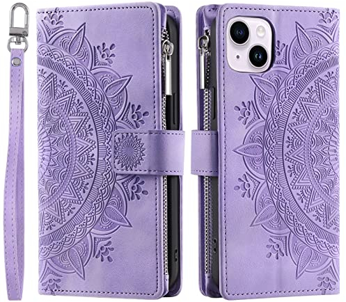 VEEMOS Handyhülle für iPhone 14 Plus hülle Klappbar Blumen Handytasche Schutzhülle Klapphülle mit Kartenfach Handy Tasche Book Cover Flip Case Ständer - Lila
