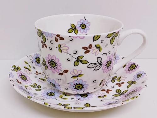Rainbow Decors Paradise Cup & Saucer Fine Bone China Large Jumbo 425ml 15oz Daisy Seamless Floral & Mica Silver Set Hand Decorated UK