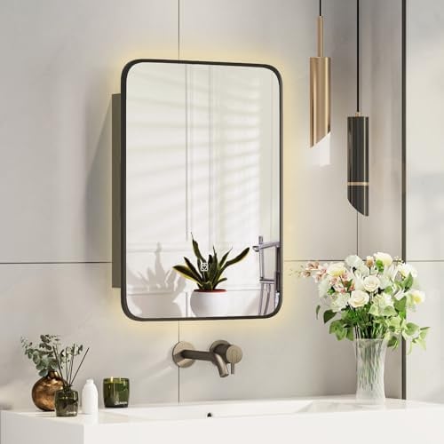 Mepplzian LED Spiegelschrank Schwarz mit Hintergrundbeleuchtung,42x60cm | Badezimmer Spiegelschrank,3 Lichtfarbe Einstellbar,Einzeltür,LED Badezimmerschrank mit Spiegel,Badschrank Hängend mit Licht