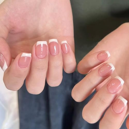 False Nails Short, French Press on Nails, 24PCS Square Pink Nude Stick on Nails French Tip Fake Nails with Glue, Elegant Design Sweet Nail Tips Nail Art Accessories for Women Girls