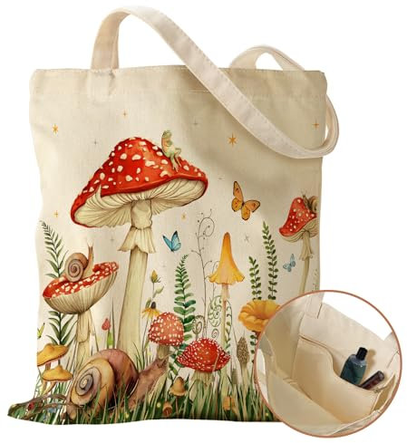 Miss Adola Tote Bag for Women Girls Aesthetic Canvas Tote Bag with Pocket Inspired Gift Reusable Casual Bag for Work Shopping, Mushroom