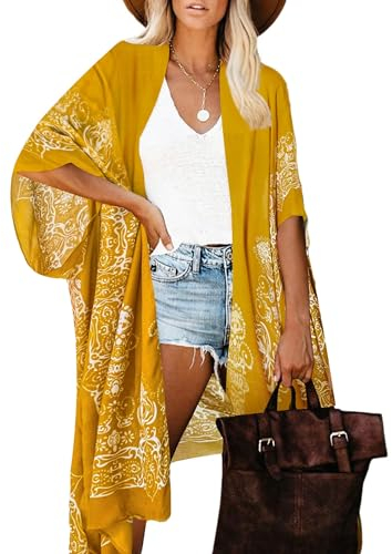 breezy lane Cache-maillot de bain kimono pour femme - Cardigan - Vêtement de plage - Imprimé floral bohème, Taille unique