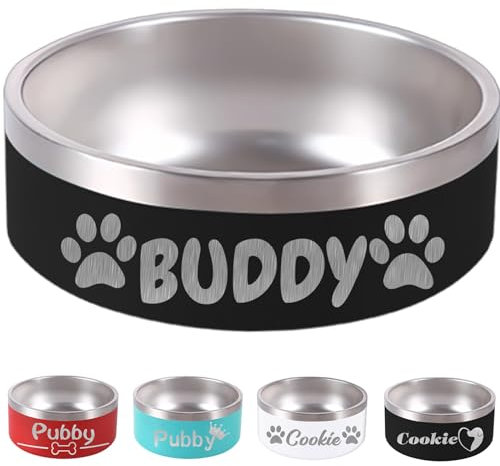 Gamelle personnalisée pour Chien et Chat avec nom 510/900/1190/1800 g, en Acier Inoxydable antidérapant, gravée au Laser, pour Nourriture ou Eau (Noir)