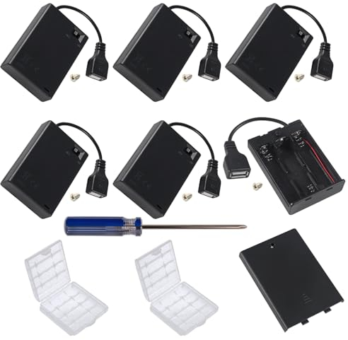 GTIWUNG 6 PCS 3AA Battery Holder USB Switch, 4.5V USB Female Socket 3 AA Battery Case Box Holder with Cover and On/Off Switch,Black