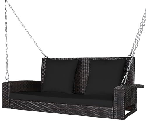 RELAX4LIFE Outdoor 2-Seater Swing Set, Rattan Swing Bench and Metal Frame with Cushions, Hanging Loveseat for Patio Garden(Swing Chair with Black Cushions)