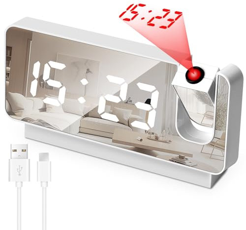 Wecker Digital mit Projektion, Projektionswecker LED-Anzeige mit USB Ladegerät, Reisewecker Projektionsuhr für Schlafzimmer Büro Küche - Weiß